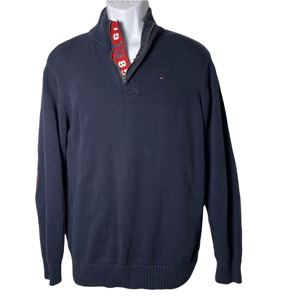 Tommy Hilfiger 1/4 Zip Navy Sweater with Elbow Patches Boys XL (20) Preppy Retro
